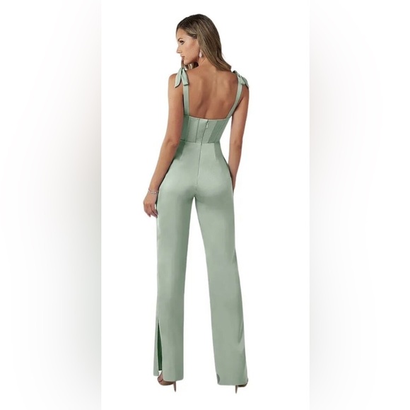 Azazie Raquel Green Lace Corset Satin Dressy Jumpsuit Like New Size 4 - Picture 4 of 11